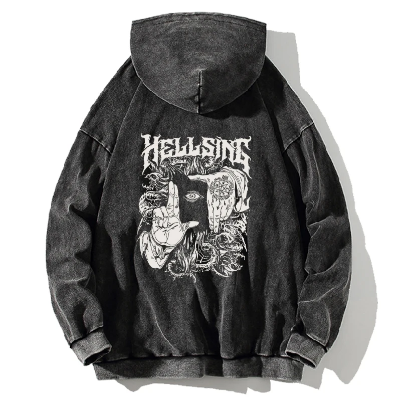 Manga Hellsing Alucard Printed Hooded Men Women Casual Cotton Hoodies Retro Washed Streetwear Harajuku Male Oversized Sweatshirt