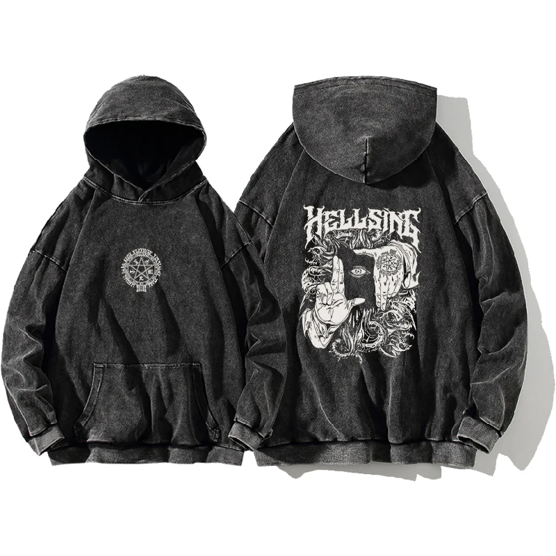 Manga Hellsing Alucard Printed Hooded Men Women Casual Cotton Hoodies Retro Washed Streetwear Harajuku Male Oversized Sweatshirt