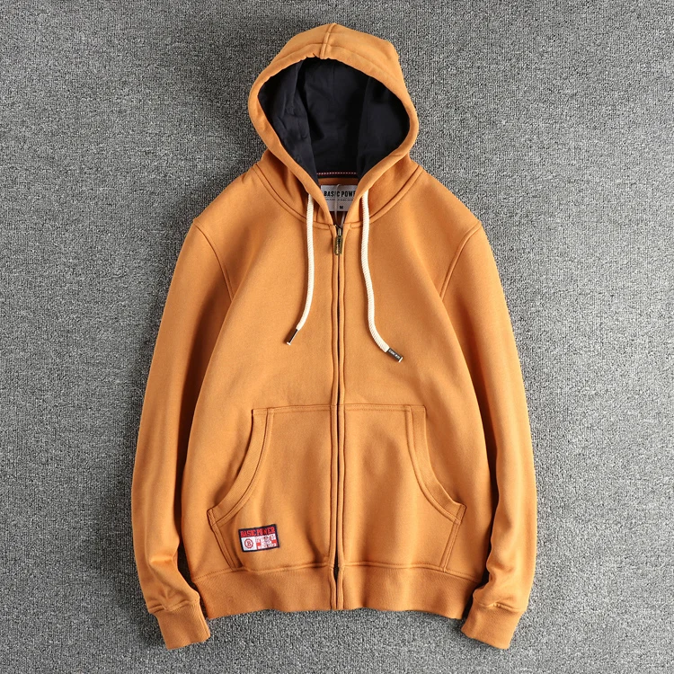 Autumn Winter New American Retro 320G Long Sleeve O-neck Thick Velvet Hooded Hoodies Men's Solid Color Cardigan Casual Sportwear