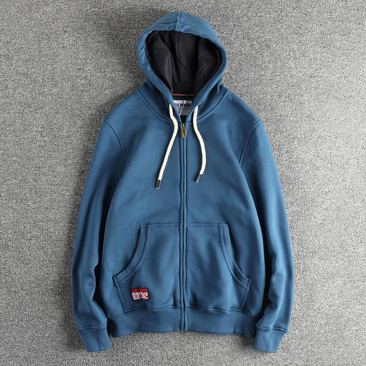 Autumn Winter New American Retro 320G Long Sleeve O-neck Thick Velvet Hooded Hoodies Men's Solid Color Cardigan Casual Sportwear