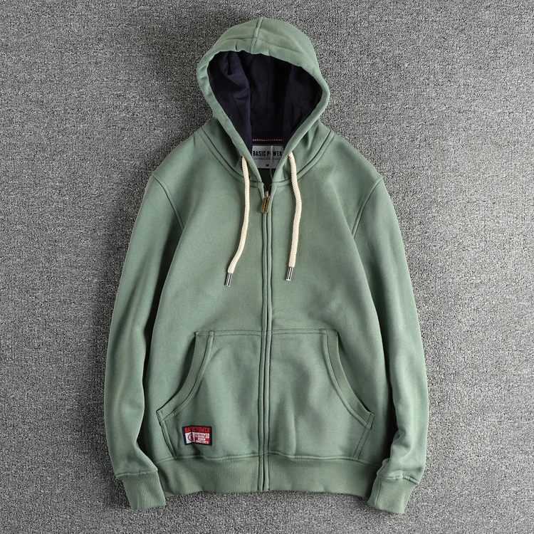 Autumn Winter New American Retro 320G Long Sleeve O-neck Thick Velvet Hooded Hoodies Men's Solid Color Cardigan Casual Sportwear