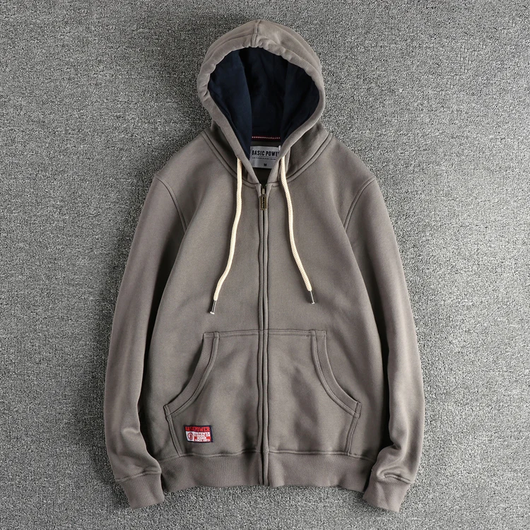 Autumn Winter New American Retro 320G Long Sleeve O-neck Thick Velvet Hooded Hoodies Men's Solid Color Cardigan Casual Sportwear
