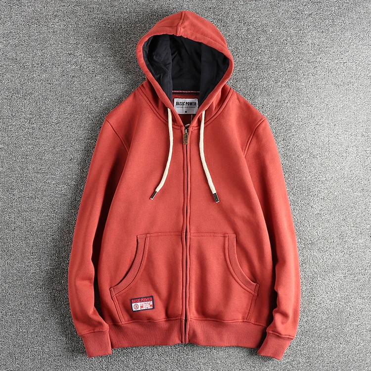 Autumn Winter New American Retro 320G Long Sleeve O-neck Thick Velvet Hooded Hoodies Men's Solid Color Cardigan Casual Sportwear