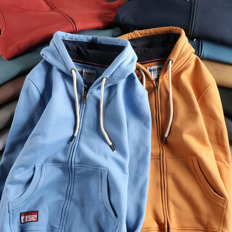 Autumn Winter New American Retro 320G Long Sleeve O-neck Thick Velvet Hooded Hoodies Men's Solid Color Cardigan Casual Sportwear