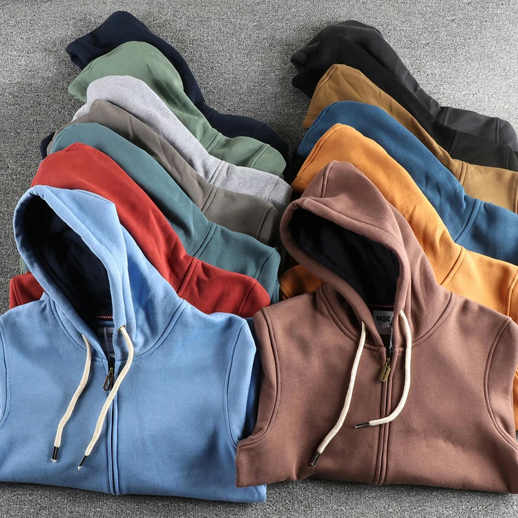 Autumn Winter New American Retro 320G Long Sleeve O-neck Thick Velvet Hooded Hoodies Men's Solid Color Cardigan Casual Sportwear