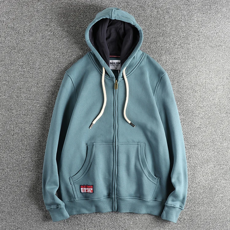 Autumn Winter New American Retro 320G Long Sleeve O-neck Thick Velvet Hooded Hoodies Men's Solid Color Cardigan Casual Sportwear