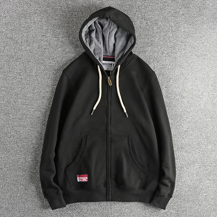 Autumn Winter New American Retro 320G Long Sleeve O-neck Thick Velvet Hooded Hoodies Men's Solid Color Cardigan Casual Sportwear