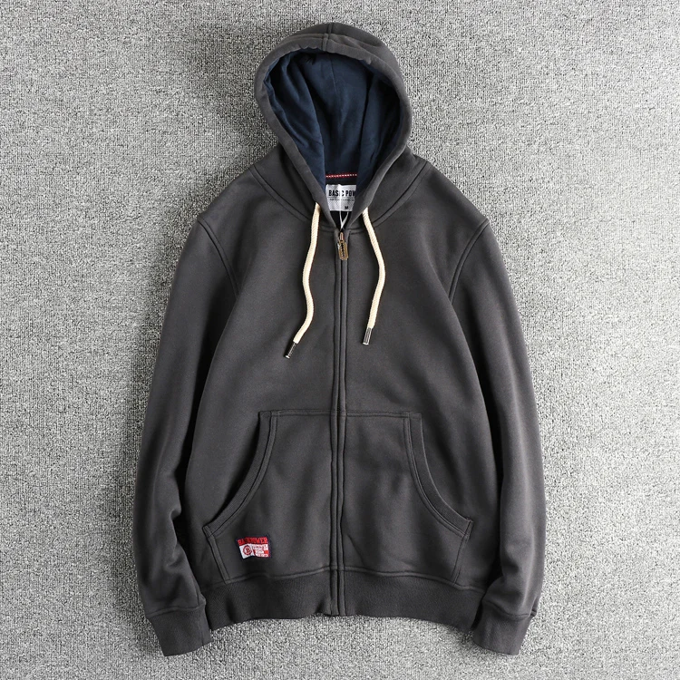 Autumn Winter New American Retro 320G Long Sleeve O-neck Thick Velvet Hooded Hoodies Men's Solid Color Cardigan Casual Sportwear