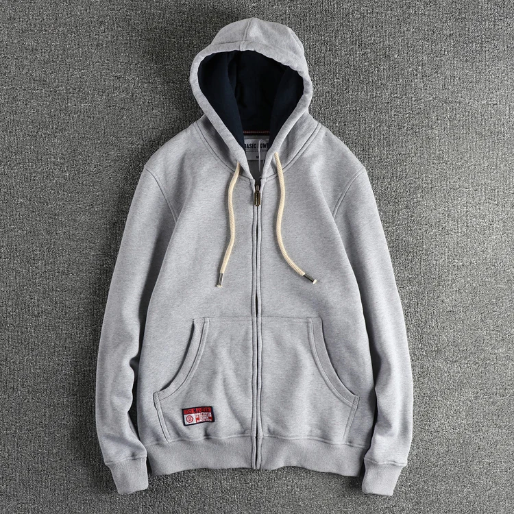 Autumn Winter New American Retro 320G Long Sleeve O-neck Thick Velvet Hooded Hoodies Men's Solid Color Cardigan Casual Sportwear
