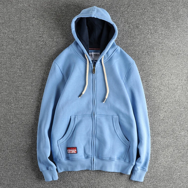 Autumn Winter New American Retro 320G Long Sleeve O-neck Thick Velvet Hooded Hoodies Men's Solid Color Cardigan Casual Sportwear