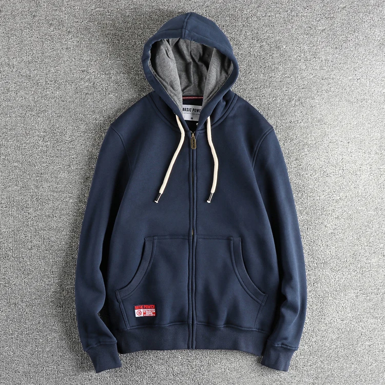 Autumn Winter New American Retro 320G Long Sleeve O-neck Thick Velvet Hooded Hoodies Men's Solid Color Cardigan Casual Sportwear