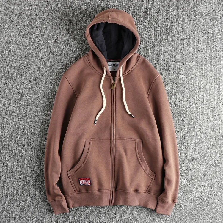 Autumn Winter New American Retro 320G Long Sleeve O-neck Thick Velvet Hooded Hoodies Men's Solid Color Cardigan Casual Sportwear