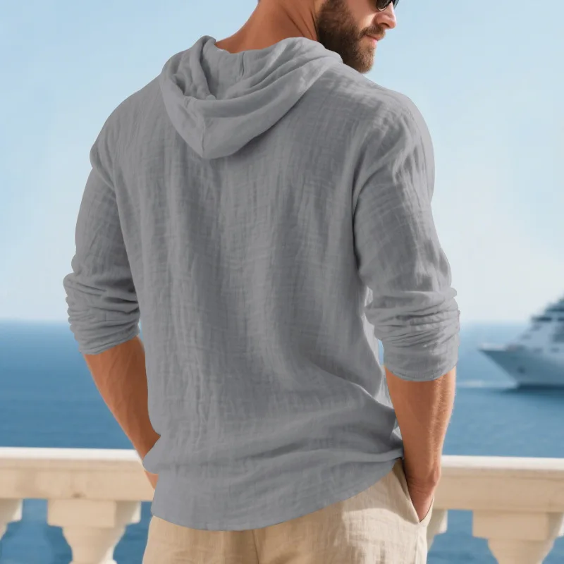 Spring Summer Linen Hooded Men's Long Sleeve T-Shirt Breathable Beach Henley Base T-Shirt for Men