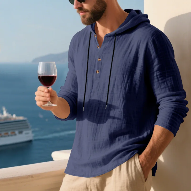 Spring Summer Linen Hooded Men's Long Sleeve T-Shirt Breathable Beach Henley Base T-Shirt for Men