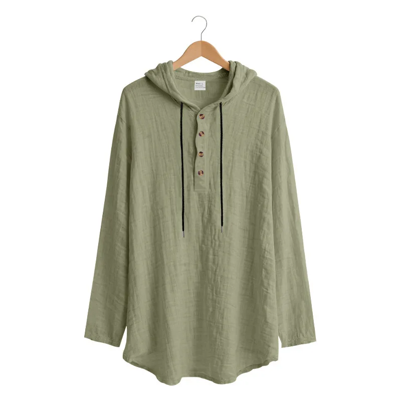 Spring Summer Linen Hooded Men's Long Sleeve T-Shirt Breathable Beach Henley Base T-Shirt for Men