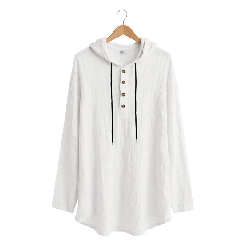 Spring Summer Linen Hooded Men's Long Sleeve T-Shirt Breathable Beach Henley Base T-Shirt for Men