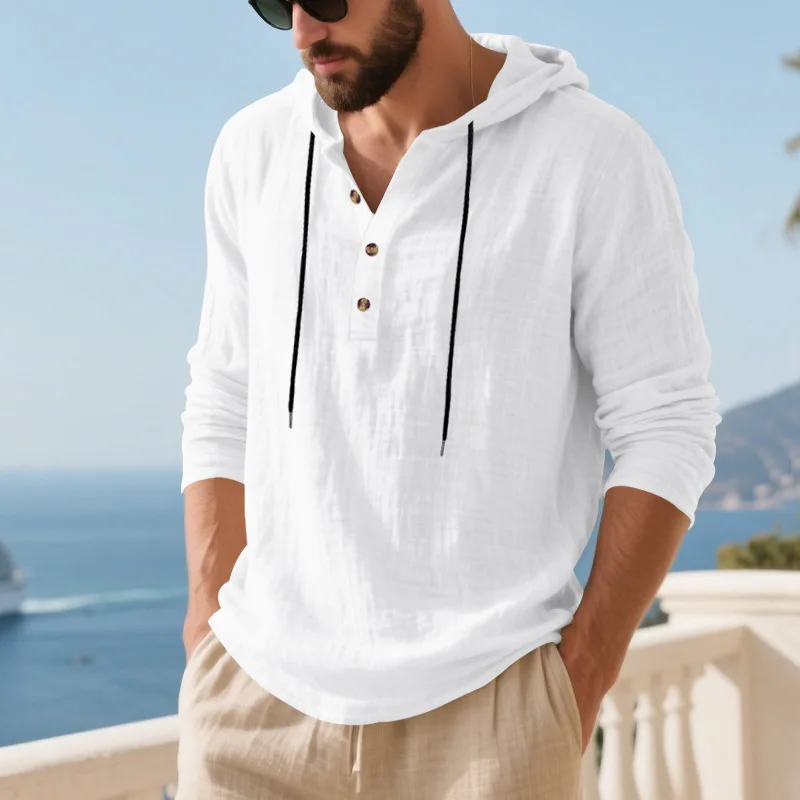 Spring Summer Linen Hooded Men's Long Sleeve T-Shirt Breathable Beach Henley Base T-Shirt for Men