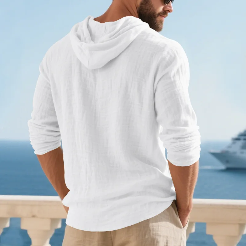 Spring Summer Linen Hooded Men's Long Sleeve T-Shirt Breathable Beach Henley Base T-Shirt for Men