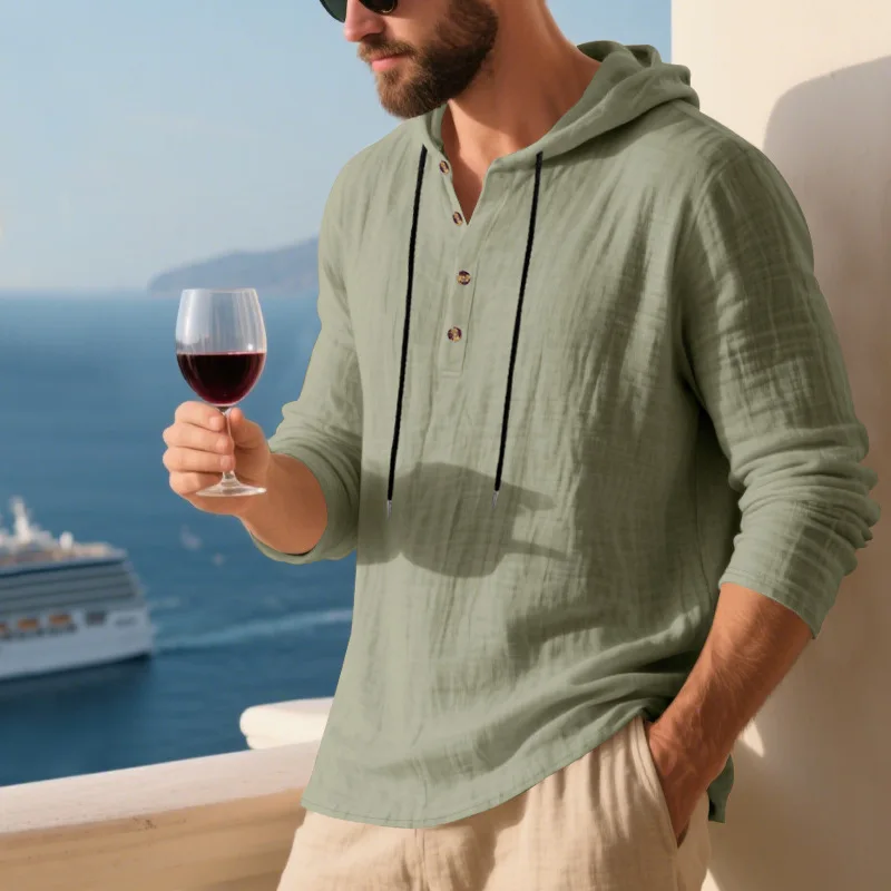 Spring Summer Linen Hooded Men's Long Sleeve T-Shirt Breathable Beach Henley Base T-Shirt for Men