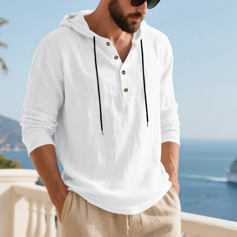 Spring Summer Linen Hooded Men's Long Sleeve T-Shirt Breathable Beach Henley Base T-Shirt for Men