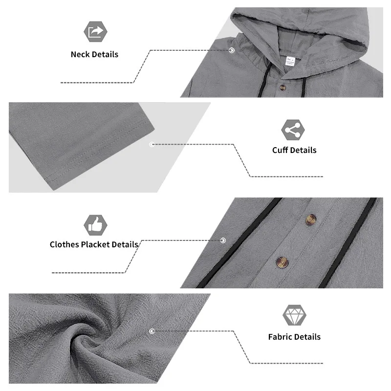 Spring Summer Linen Hooded Men's Long Sleeve T-Shirt Breathable Beach Henley Base T-Shirt for Men
