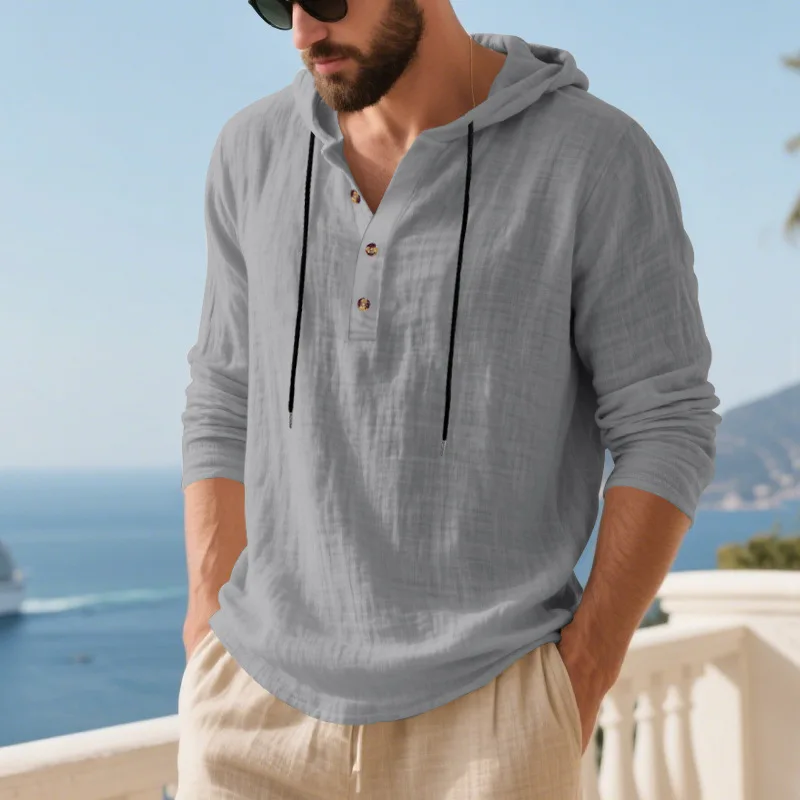 Spring Summer Linen Hooded Men's Long Sleeve T-Shirt Breathable Beach Henley Base T-Shirt for Men