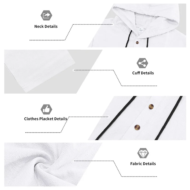 Spring Summer Linen Hooded Men's Long Sleeve T-Shirt Breathable Beach Henley Base T-Shirt for Men