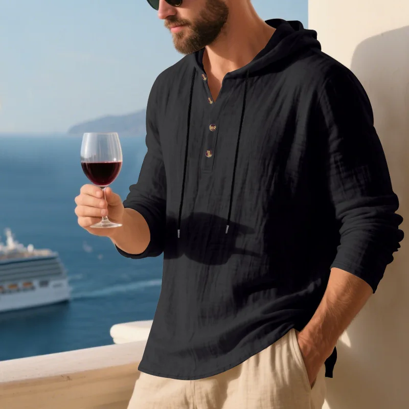 Spring Summer Linen Hooded Men's Long Sleeve T-Shirt Breathable Beach Henley Base T-Shirt for Men