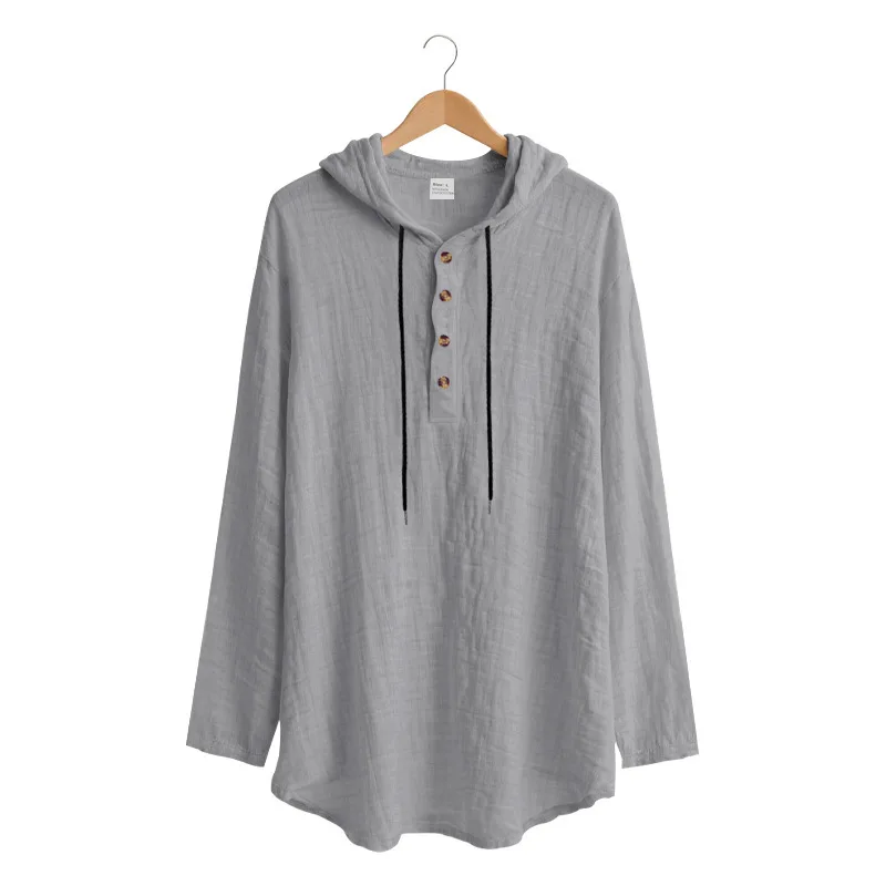 Spring Summer Linen Hooded Men's Long Sleeve T-Shirt Breathable Beach Henley Base T-Shirt for Men