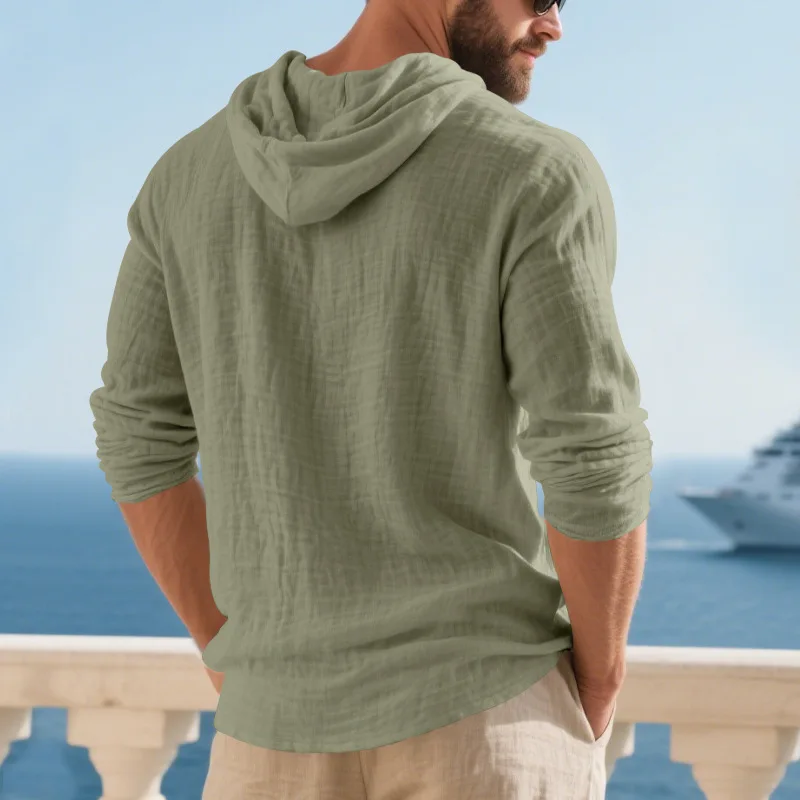 Spring Summer Linen Hooded Men's Long Sleeve T-Shirt Breathable Beach Henley Base T-Shirt for Men