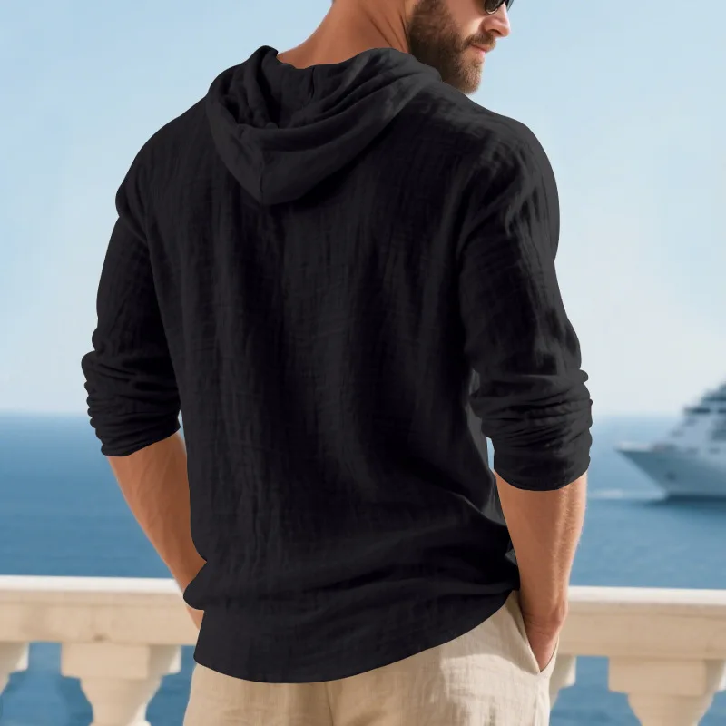 Spring Summer Linen Hooded Men's Long Sleeve T-Shirt Breathable Beach Henley Base T-Shirt for Men