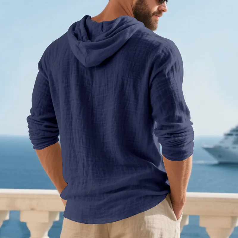 Spring Summer Linen Hooded Men's Long Sleeve T-Shirt Breathable Beach Henley Base T-Shirt for Men