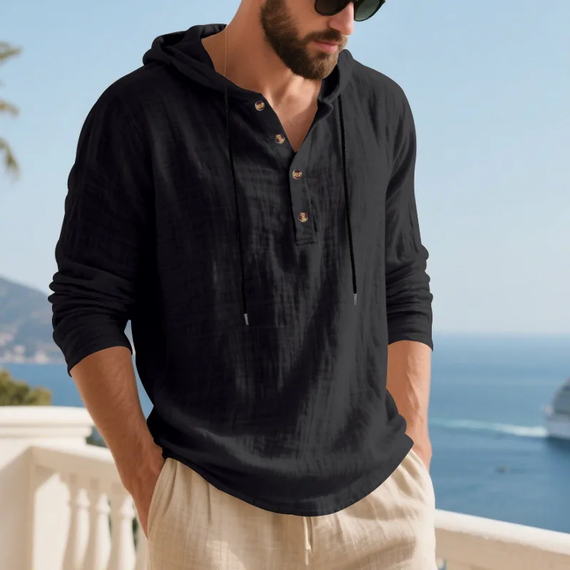 Spring Summer Linen Hooded Men's Long Sleeve T-Shirt Breathable Beach Henley Base T-Shirt for Men