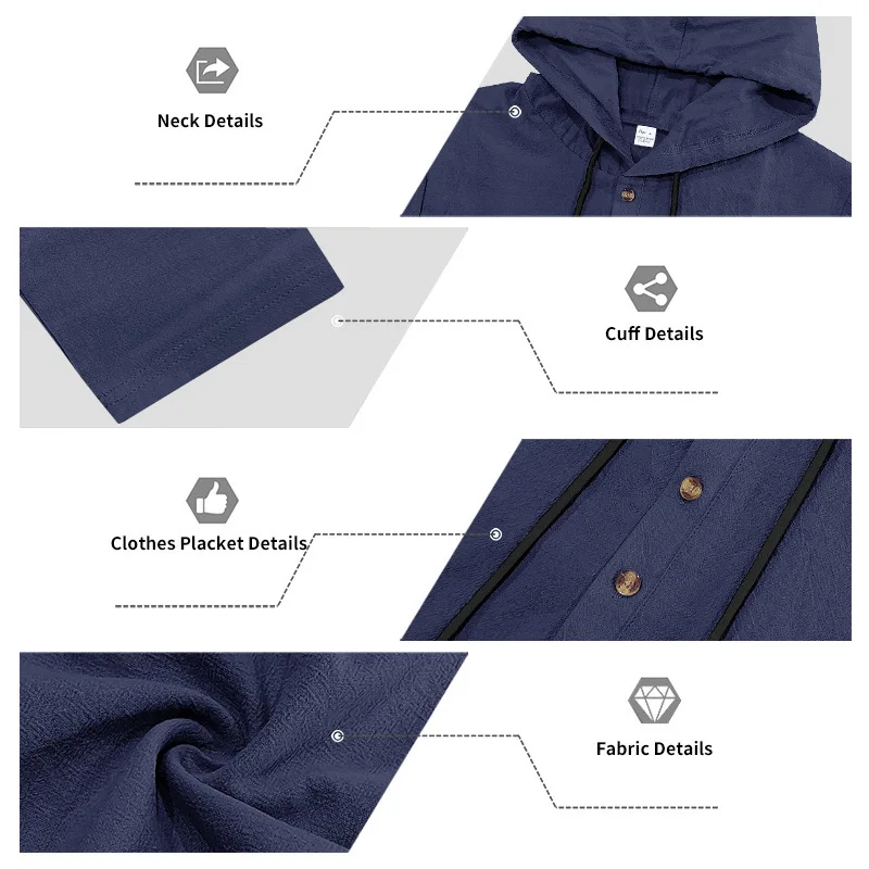 Spring Summer Linen Hooded Men's Long Sleeve T-Shirt Breathable Beach Henley Base T-Shirt for Men