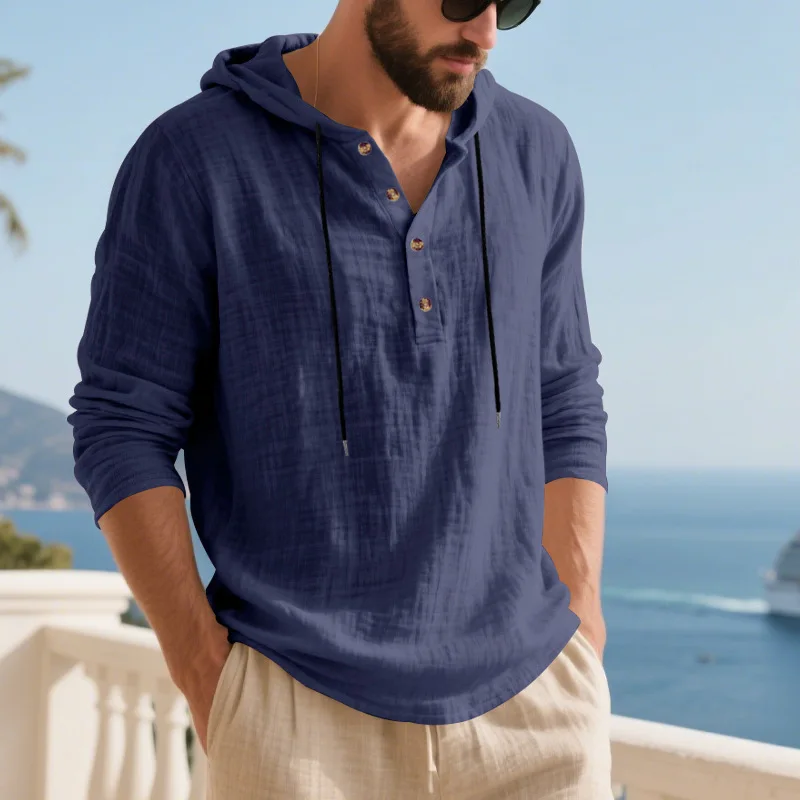 Spring Summer Linen Hooded Men's Long Sleeve T-Shirt Breathable Beach Henley Base T-Shirt for Men