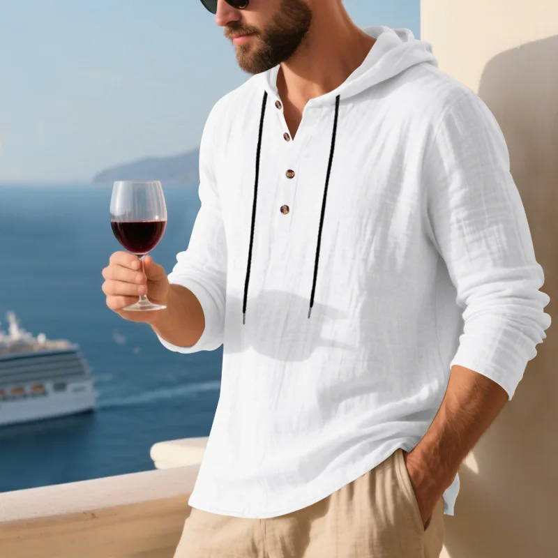 Spring Summer Linen Hooded Men's Long Sleeve T-Shirt Breathable Beach Henley Base T-Shirt for Men