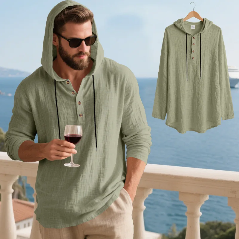 Spring Summer Linen Hooded Men's Long Sleeve T-Shirt Breathable Beach Henley Base T-Shirt for Men