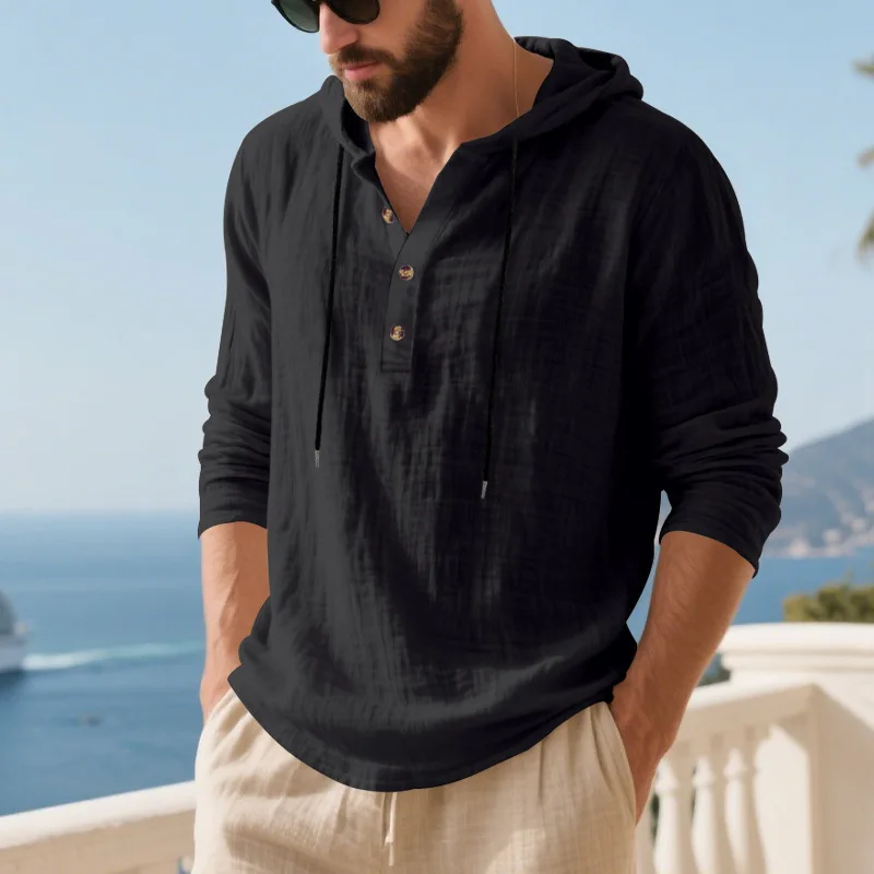 Spring Summer Linen Hooded Men's Long Sleeve T-Shirt Breathable Beach Henley Base T-Shirt for Men