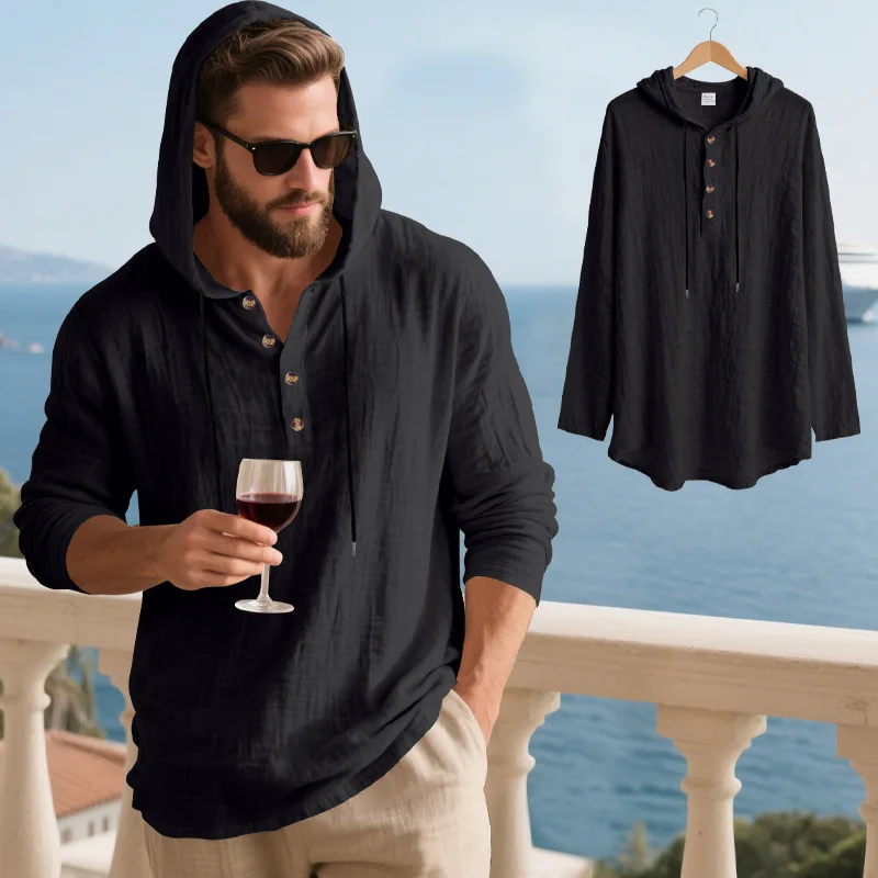 Spring Summer Linen Hooded Men's Long Sleeve T-Shirt Breathable Beach Henley Base T-Shirt for Men