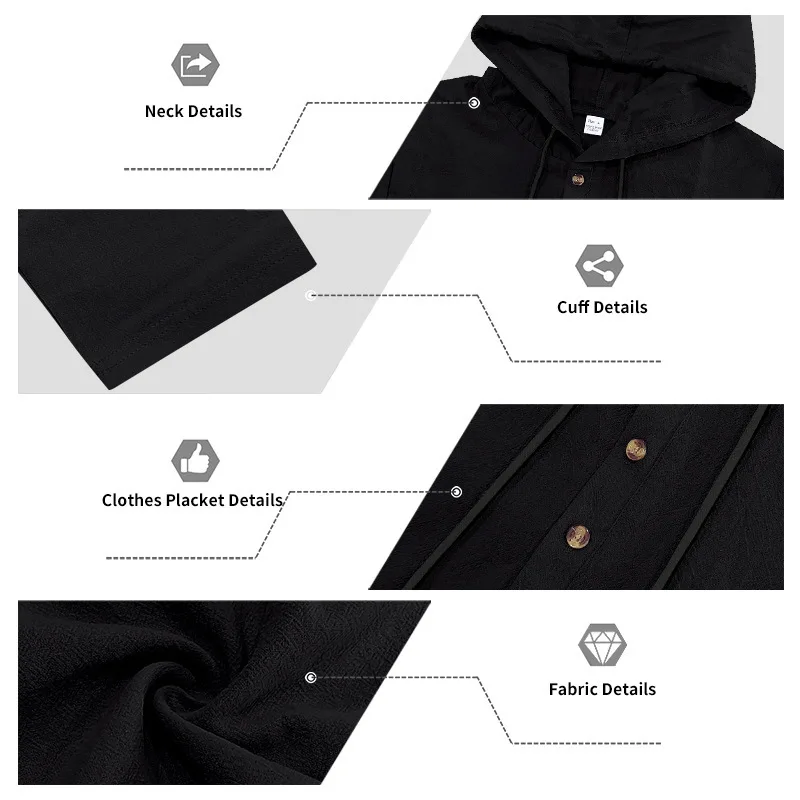 Spring Summer Linen Hooded Men's Long Sleeve T-Shirt Breathable Beach Henley Base T-Shirt for Men