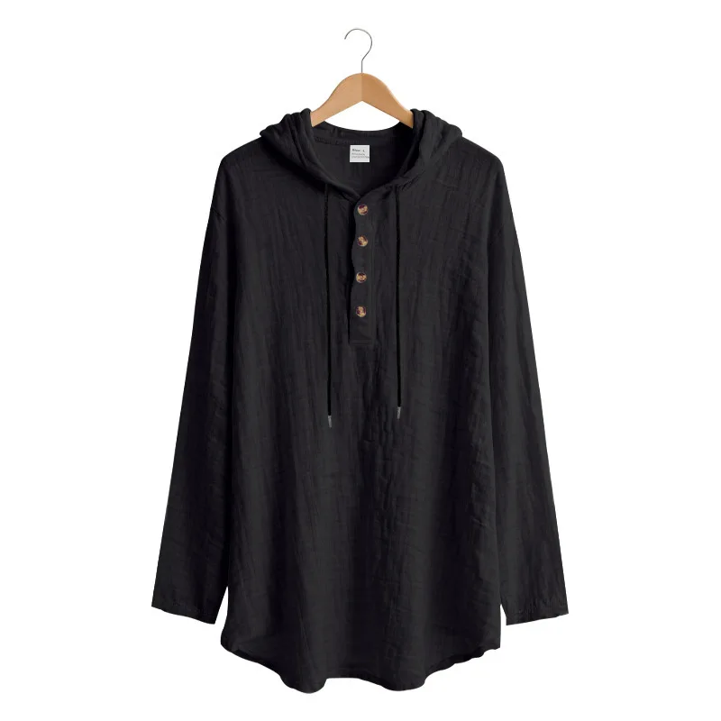 Spring Summer Linen Hooded Men's Long Sleeve T-Shirt Breathable Beach Henley Base T-Shirt for Men
