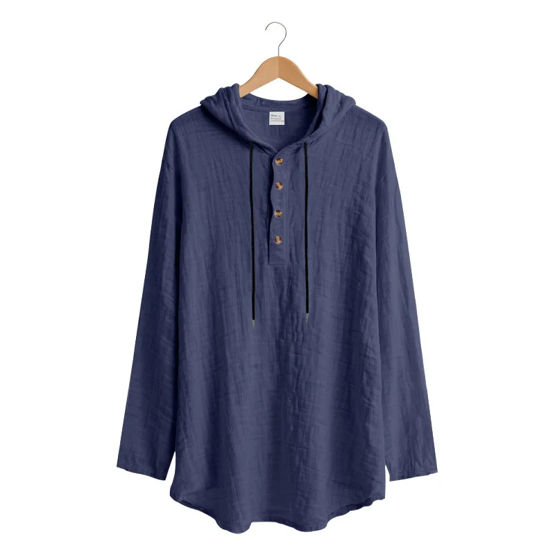 Spring Summer Linen Hooded Men's Long Sleeve T-Shirt Breathable Beach Henley Base T-Shirt for Men