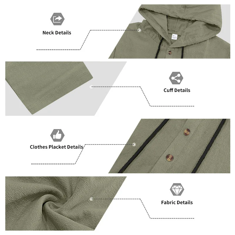 Spring Summer Linen Hooded Men's Long Sleeve T-Shirt Breathable Beach Henley Base T-Shirt for Men