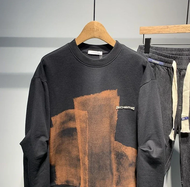 Men's Clothing Hoodieless Black Pullover Top Print Sweatshirts for Man Graphic Round Neck Crewneck Aesthetic Simple Designer Emo