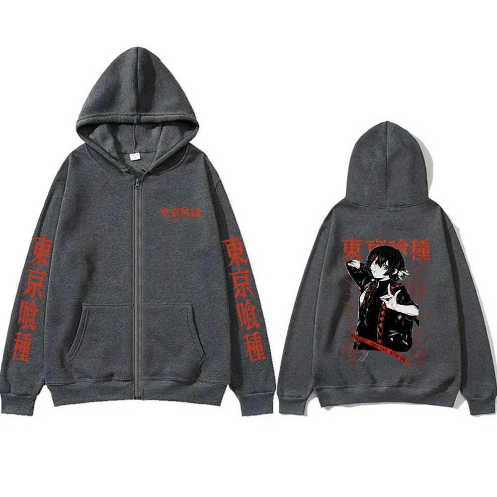 Anime Tokyo Ghoul Zipper Hoodie Cartoon Juzo Suzuya Graphic Zip Up Jacket Men Women Manga Cosplay Oversized Zip Up Sweatshirt