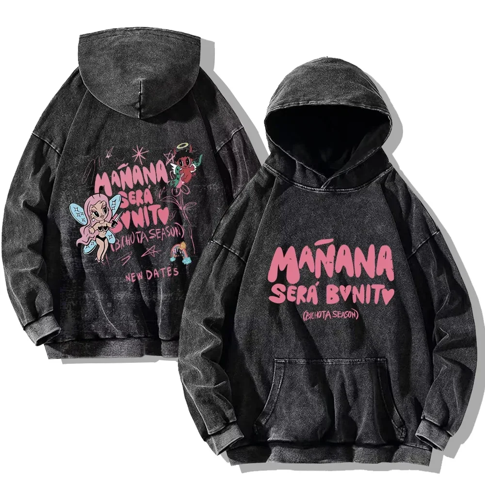 Karol G Vintage Washed Hoodie Karol G Manana Sera Bonito Hip Hop Streetwear Cotton Sweatshirts Harajuku Casual Hooded Pullover