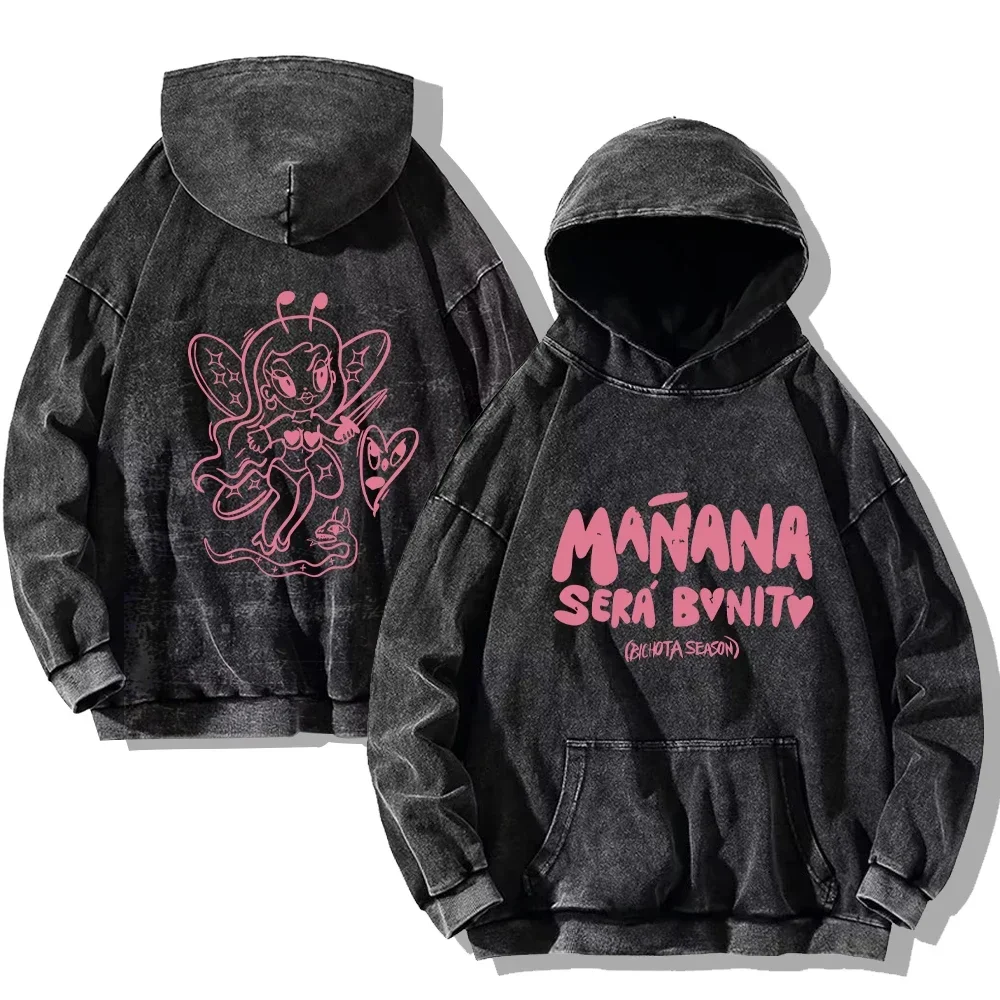 Karol G Vintage Washed Hoodie Karol G Manana Sera Bonito Hip Hop Streetwear Cotton Sweatshirts Harajuku Casual Hooded Pullover