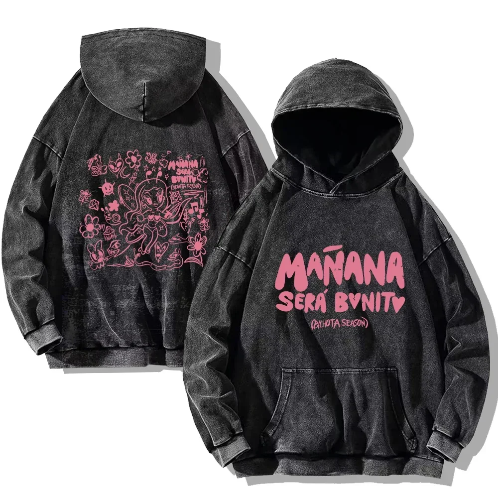 Karol G Vintage Washed Hoodie Karol G Manana Sera Bonito Hip Hop Streetwear Cotton Sweatshirts Harajuku Casual Hooded Pullover