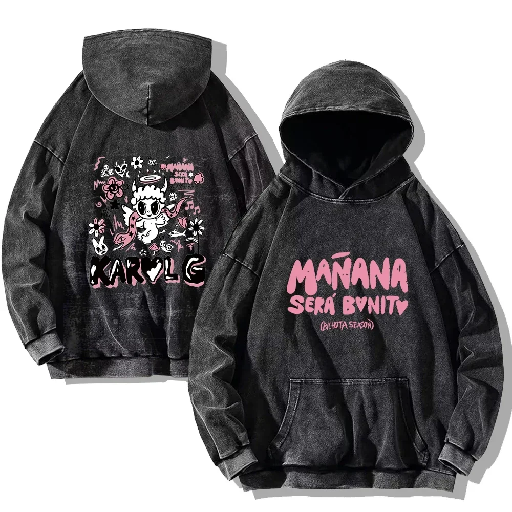 Karol G Vintage Washed Hoodie Karol G Manana Sera Bonito Hip Hop Streetwear Cotton Sweatshirts Harajuku Casual Hooded Pullover