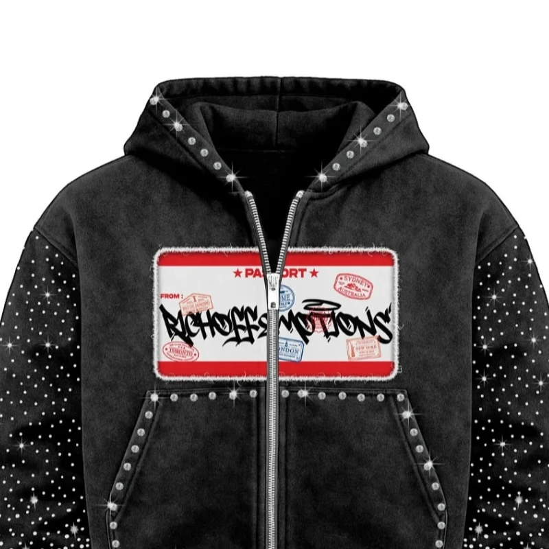 Y2K Retro Diamond Embroidered Logo Design Trendy Men Zipper Hoodie High Street Rock and Roll Goth Loose Hoodie for Men and Women